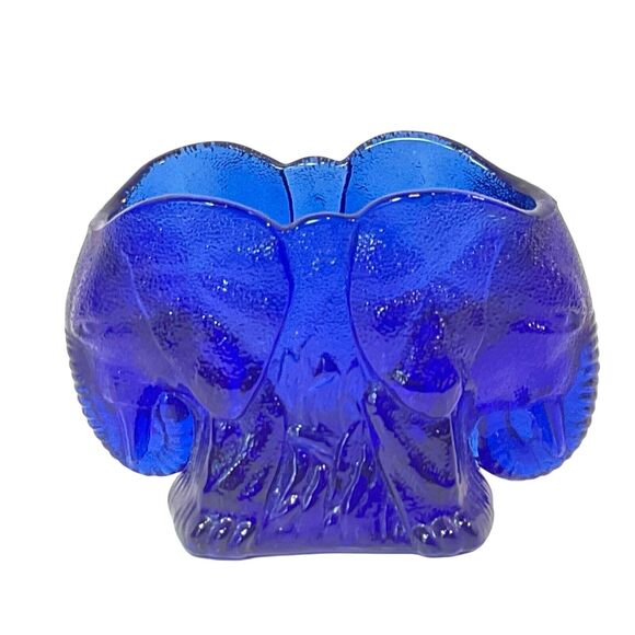 Summit Vogelson Double Elephant Glass Toothpick Holder Cobalt Blue Collectible - Picture 1 of 6